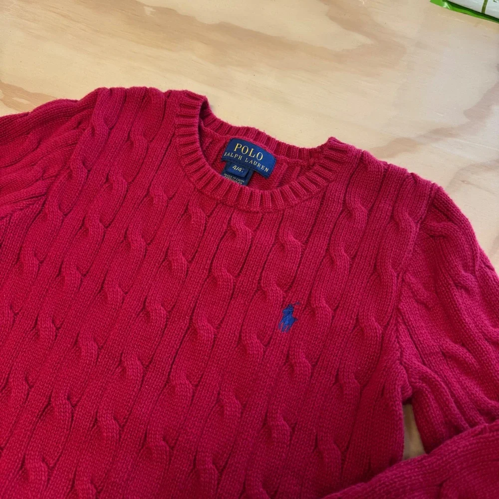 Polo Ralph Lauren Kids Red Cable Knit Cotton Sweater Crewneck Size 4 4T Pony